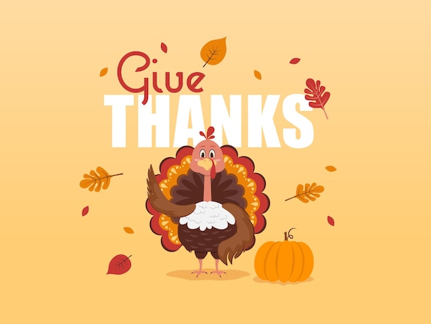 Thanksgiving day concept with turkey on yellow background and lettering in flat style vector