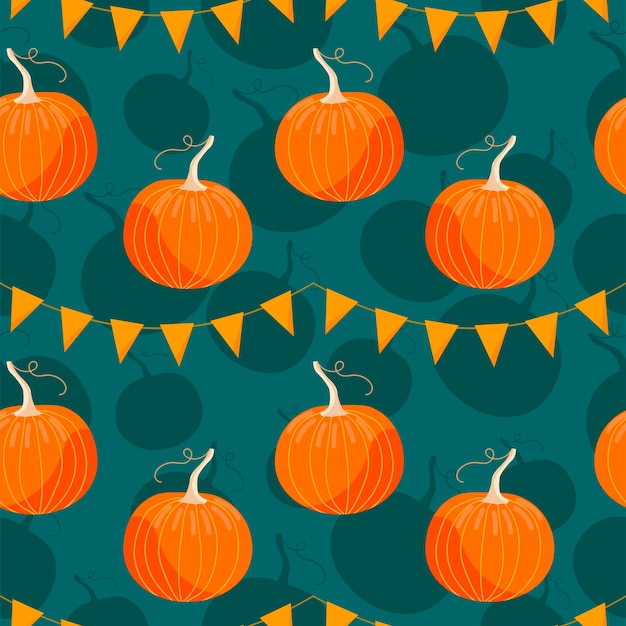 Thanksgiving Day cute autumn seamless pattern with hand drawn pumpkins and festive garlands on dark turquoise background. Pattern for thanksgiving, halloween, gift wrapping or textile.