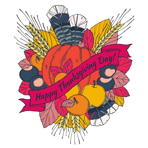 Thanksgiving day greeting card with spikes, feathers, chestnuts, vegetables and fruits