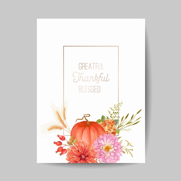 Vector thanksgiving day greeting, invitation card, flyer, banner, poster template. autumn pumpkin, flower, leaves, floral design elements. vector illustration