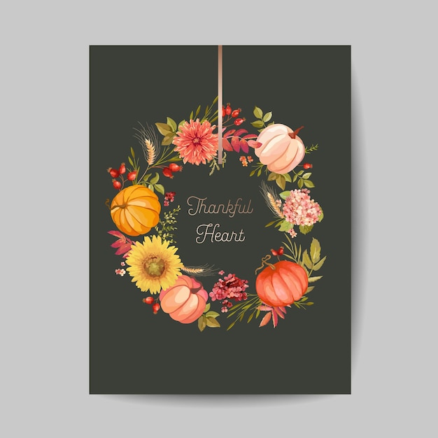 感謝祭の挨拶、招待状、チラシ、バナー、ポスターテンプレート。秋のカボチャ、花、葉、花のデザイン要素。ベクトルイラスト