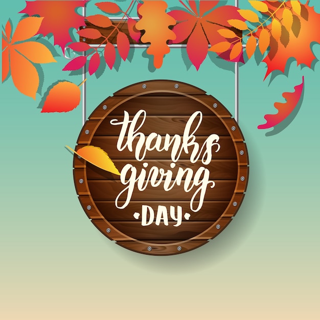 Vector thanksgiving day lettering calligraphy phrase. autumn background with leaves