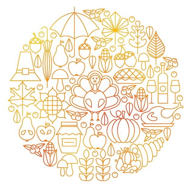 Thanksgiving Day Line Icon Circle Design. Vector Illustration of Autumn Objects.