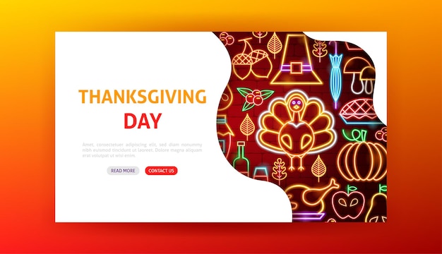 Thanksgiving day neon landing page. vector illustration of fall promotion.