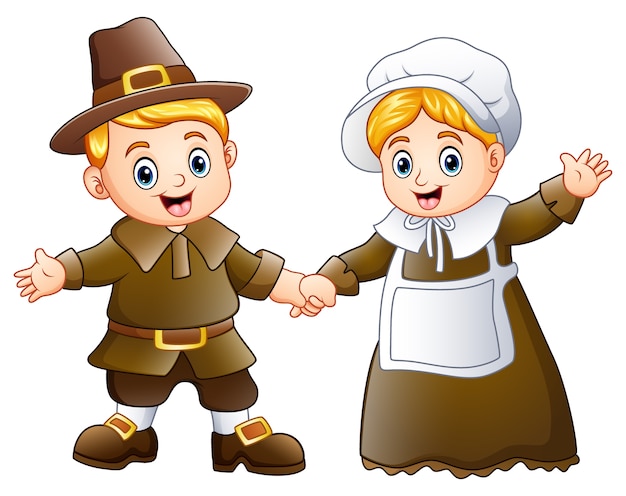 Thanksgiving day of pilgrim couple waving