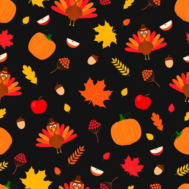 Thanksgiving day seamless pattern Cute cartoon seasonal elements Easy to edit vector template for greeting card poster banner flyer fabric tshirt