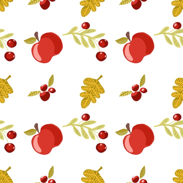 Thanksgiving day seamless pattern vector illustration with turkey pumpkins red berries autumn leaves scarecrow sunflowers apples