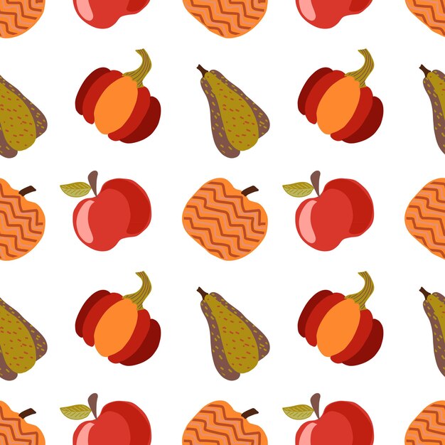День благодарения бесшовный узор Векторная иллюстрация с индейкой, тыквами, красными ягодами, осенними листьями, пугалом, подсолнухами, яблоками