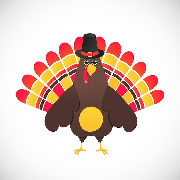 Thanksgiving day symbol red feathers turkey with pilgrim hat flat style gradient design