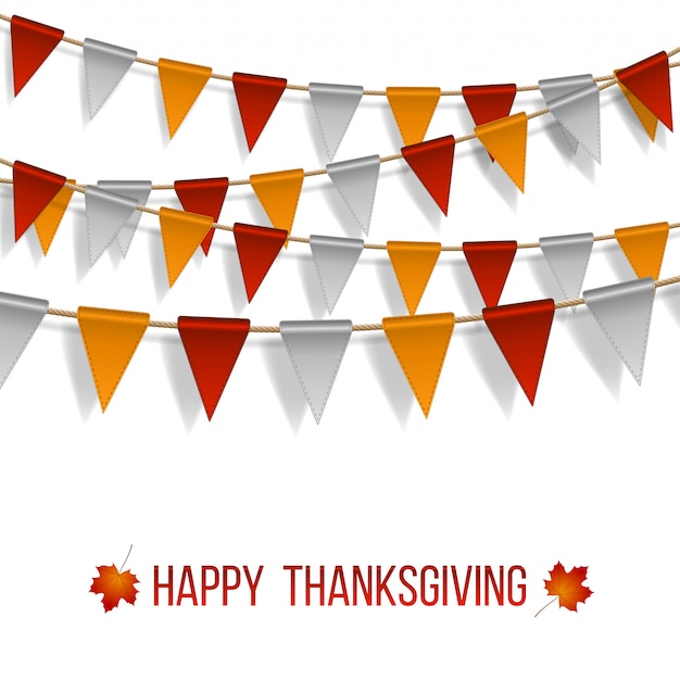 Thanksgiving Day, vlaggenslinger op witte achtergrond. Slingers van rood wit gele vlaggen en twee esdoorn herfstbladeren. illustratie.