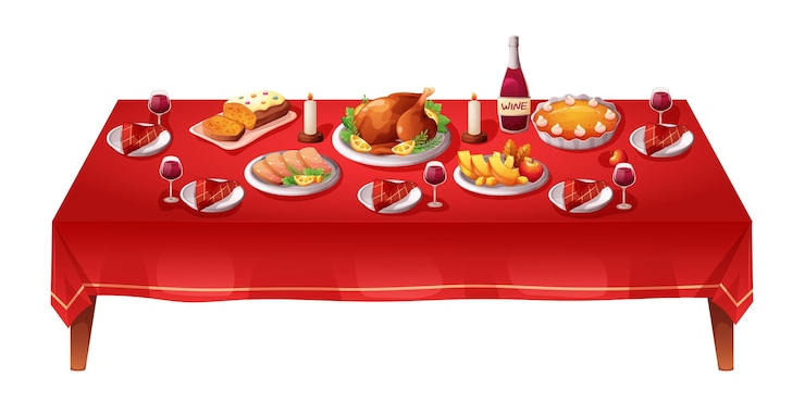 Vector thanksgiving dishes table buffet festive dinner turkey and setting meals ingredients on dining tables autumn party celebration in dinning dish plates garish vector illustration