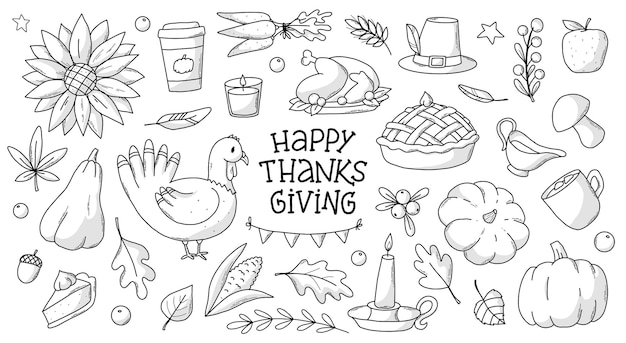 Vector thanksgiving doodles monochrome set of sketched elements isolated on white background for prints
