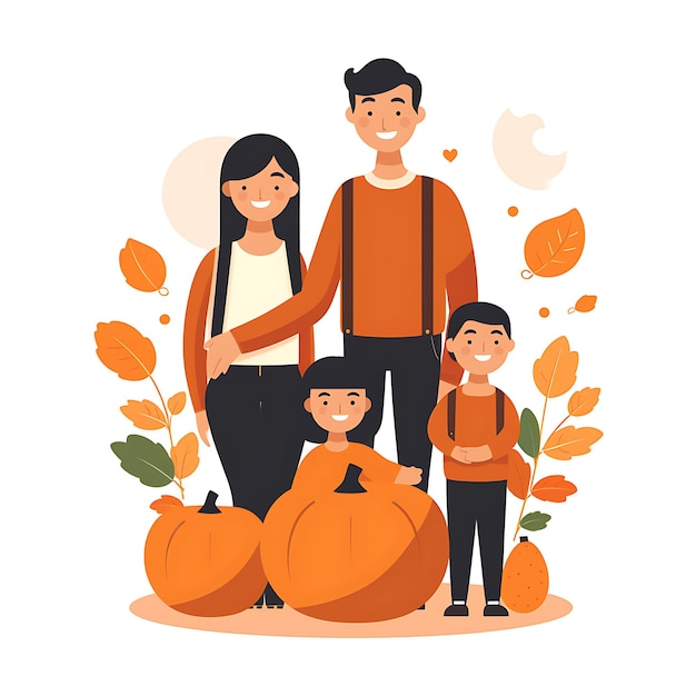 Thanksgiving en de oogst feestje jongen en meisje met familie platte vector svg oranje vaste kleur