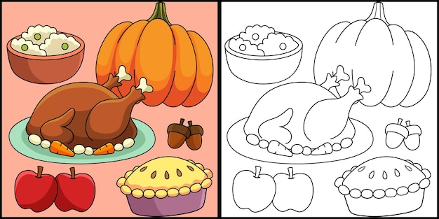 Thanksgiving feast coloring page illustration