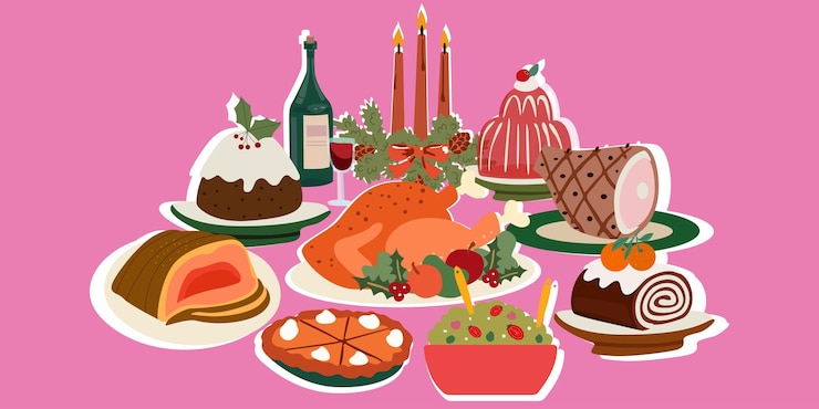 Vector thanksgiving festive table with turkey candles wine salad pumpkin pie holiday jelly and baked pork