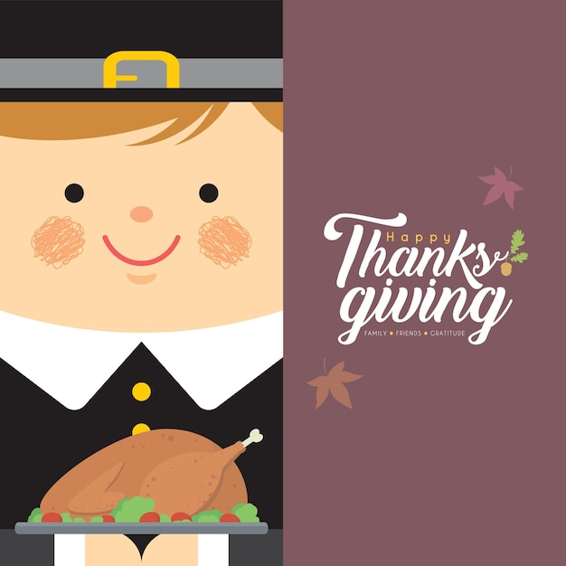 Vector thanksgiving greeting card - cute cartoon pilgrim boy with roasted turkey.