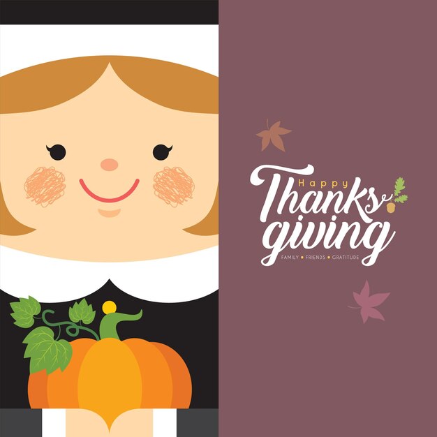 Vector thanksgiving greeting card - cute cartoon pilgrim girl with pumpkin.