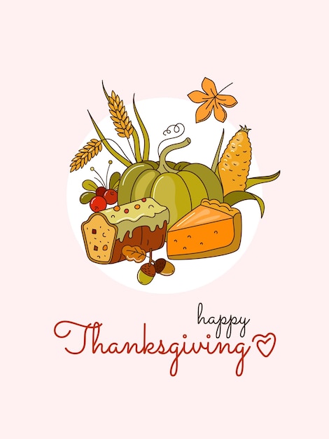 A thanksgiving greeting card gifts of autumn in the cartoon style