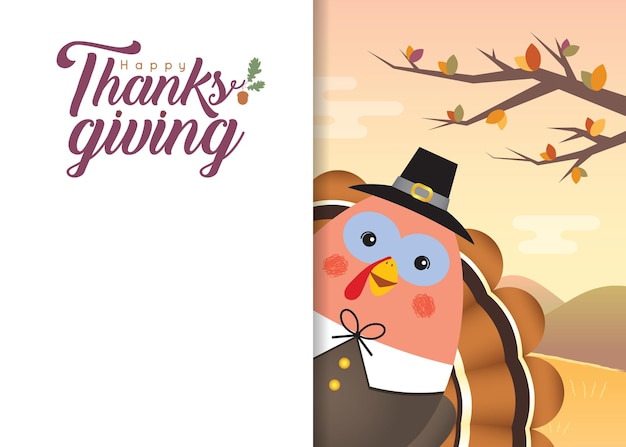 Thanksgiving greeting template, cartoon pilgrim turkey bird on autumn landscape background.