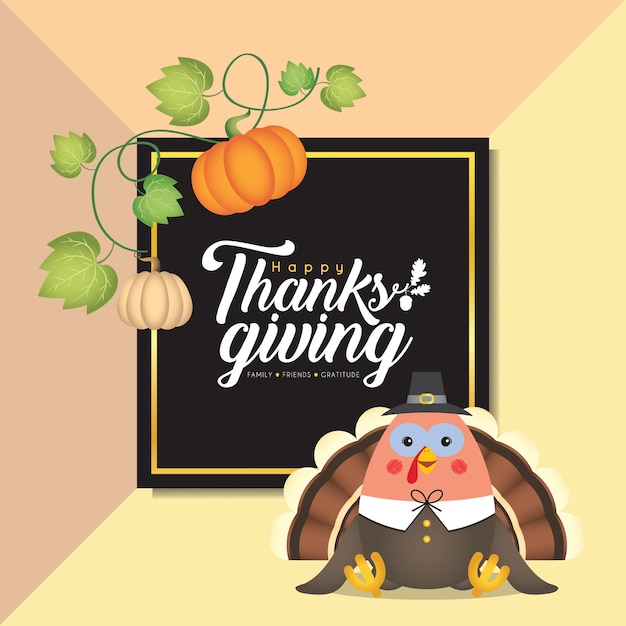 Vector thanksgiving greeting template with pumpkins and cartoon pilgrim turkey bird.