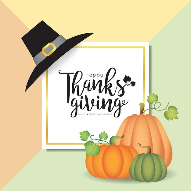 Vector thanksgiving greeting template with pumpkins and pilgrim hat.