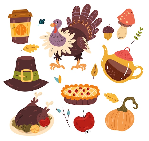 Thanksgiving hand drawn isolated set flat cartoon graphic design illustration