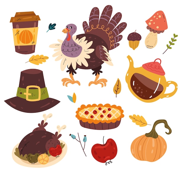 Vector thanksgiving hand drawn isolated set flat cartoon graphic design illustration