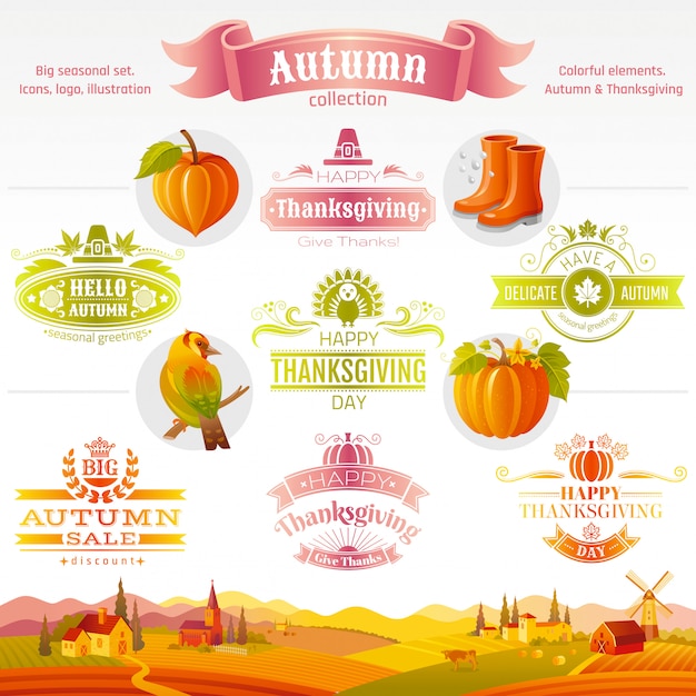 Thanksgiving icon set. logo festival cartoon icons and logo with rural landscape background.