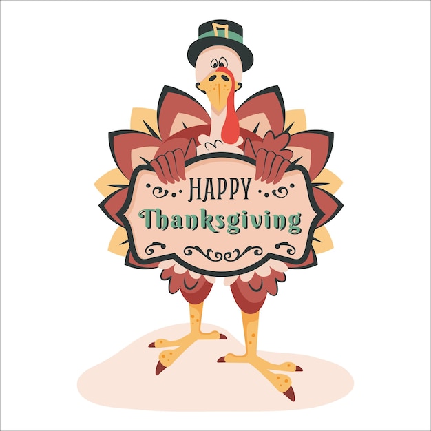 Thanksgiving kalkoen geïsoleerd op witte achtergrond leuke gelukkige kalkoen feliciteert met thanksgiving day grappige cartoon karakter bedrijf vintage frame met traditionele begroetingstekst vectorillustratie