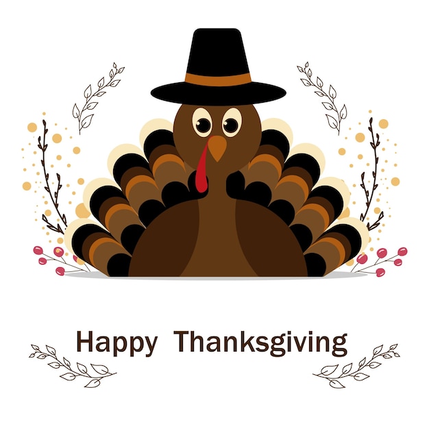 Thanksgiving met cartoon Turkije in hoed en herfstbladeren en takken. Gefeliciteerd tekst. Vector.