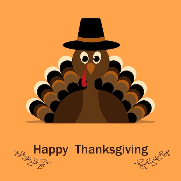 Thanksgiving met cartoon Turkije in hoed en herfstbladeren en takken. Gefeliciteerd tekst. Vector.