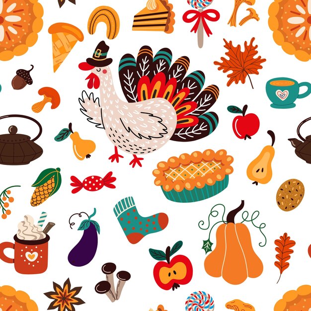 Thanksgiving-patroon met Turkije en herfstvoedsel