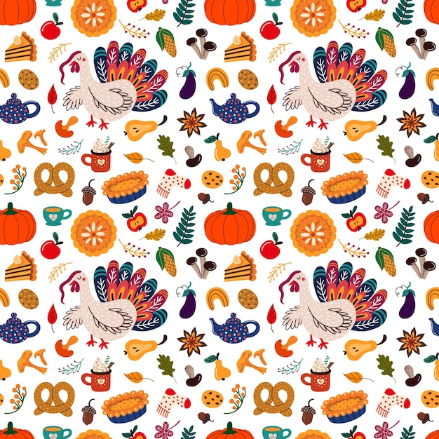 Vector thanksgiving pattern with turkey and autumn food