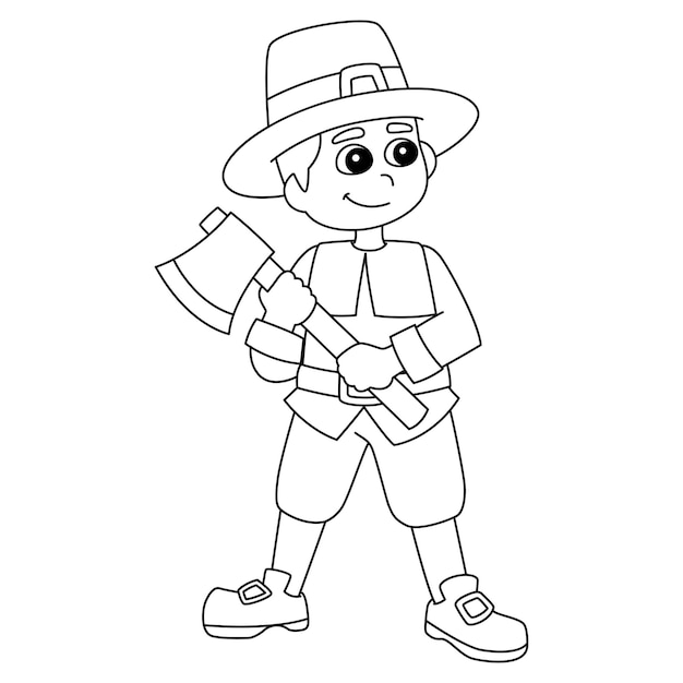 Vector thanksgiving pilgrim boy holding axe isolated