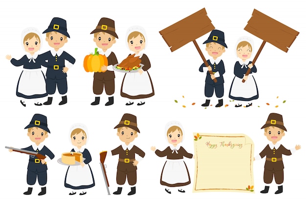 Thanksgiving pilgrims couple carton character vector set.