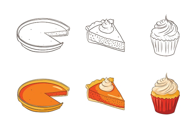 Thanksgiving Pompoen Gerechten Set. Traditionele herfstvakantie voedsel collectie. Zoete pompoentaarten en cupcake illustratie voor stickers, uitnodiging, menu en wenskaarten decoratie. Premium Vector