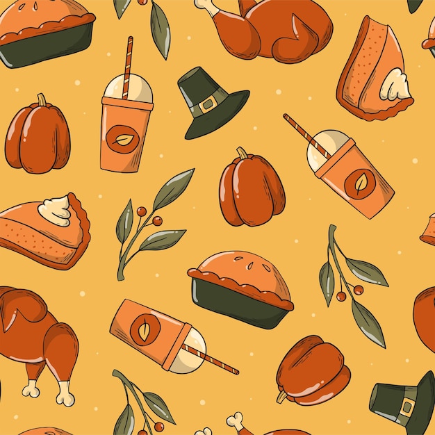 Thanksgiving seamless pattern with doodles on orange background for textile prints, posters