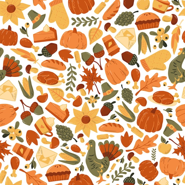 Thanksgiving seamless pattern with doodles