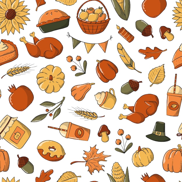 Thanksgiving seamless pattern with hand drawn doodles for wrapping paper, textile prints