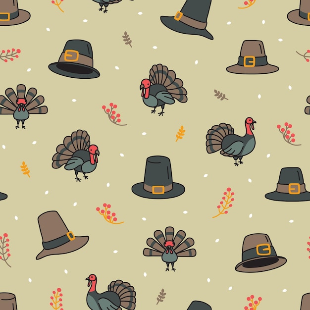 感謝祭の巡礼者の帽子と七面鳥のシームレスなパターン