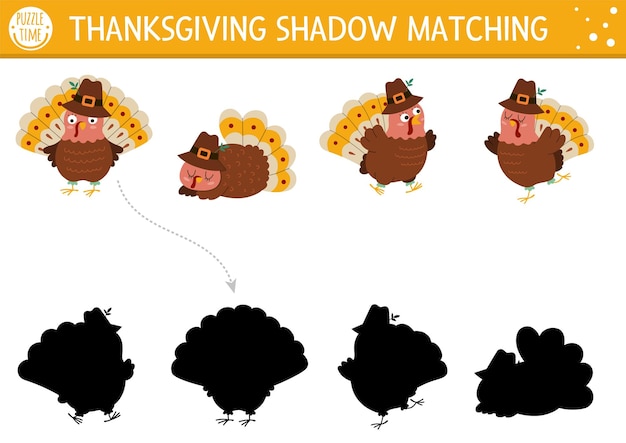 Thanksgiving shadow matching activity with cute turkeys autumn holiday puzzle with traditional birds find the correct silhouette printable worksheet or game fall or farm page for kidsxa