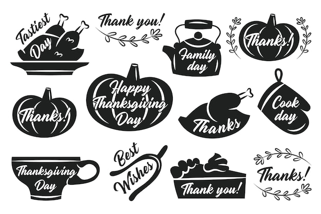 Thanksgiving stickers labels autumn november holiday turkey pumpkin cup kettle pie oven glove herbs lettering black silhouettes