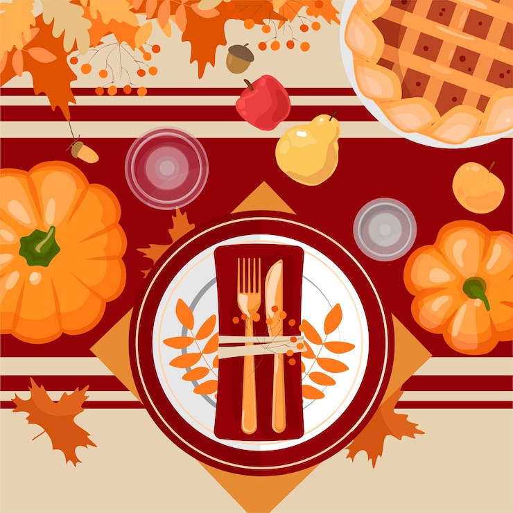 Vector thanksgiving table setting. plates, cutlery, napkins, glasses, decorations, pumpkins, fruits and decor. autumn leaves and berries.   top view