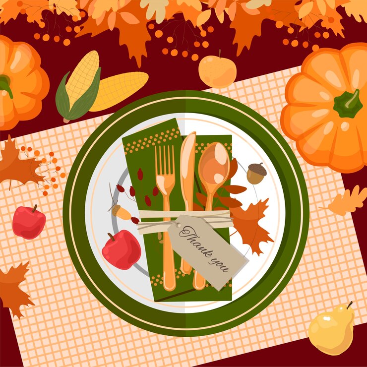 Vector thanksgiving table setting. plates, cutlery, napkins, glasses, decorations, tag, pumpkins, fruits and decor. autumn leaves and berries.