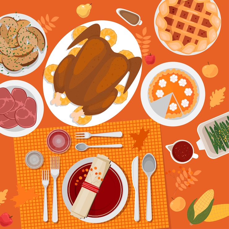 Vector thanksgiving table setting. turkey, pies, potatoes, plates, cutlery, napkins, glasses, pumpkins, fruits and decor. autumn leaves and berries.   top view