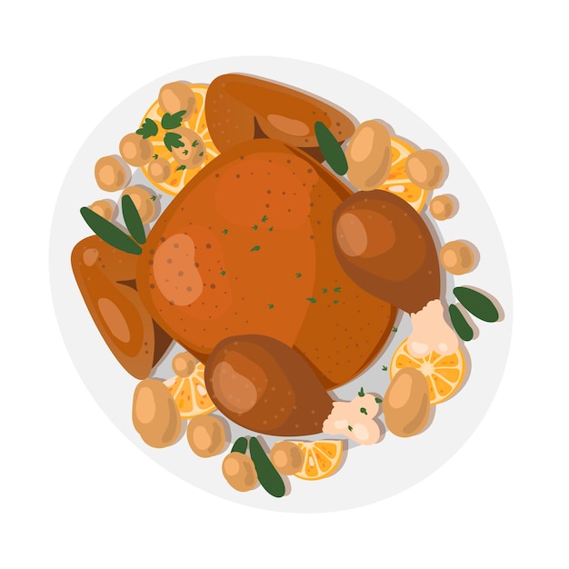 Vector thanksgiving traditional food thanksgiving turkey with fruits and vegetables on a plate