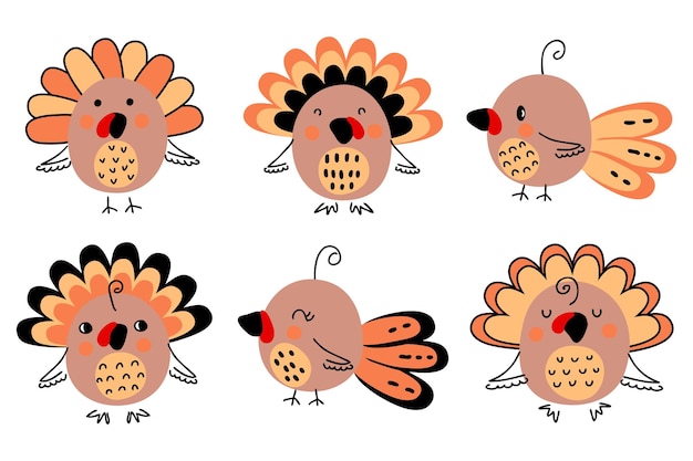 Thanksgiving traditionele kalkoenen vogels clipart collectie perfect voor tee stickers wenskaart feestuitnodiging en print hand getrokken geïsoleerde vectorillustratie voor decor en design