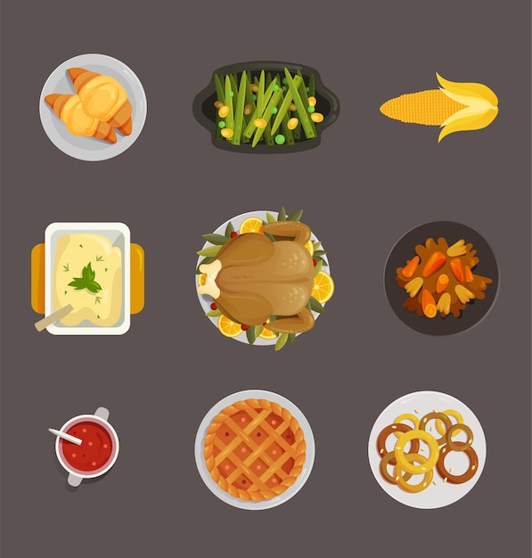 Индейка на день благодарения и другие блюда и вкусное меню сверху иллюстрации таблицы