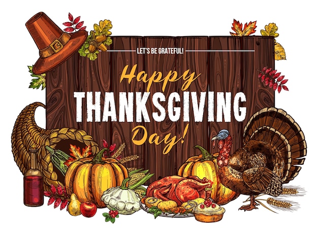 Thanksgiving turkey harvest vector sketch greeting