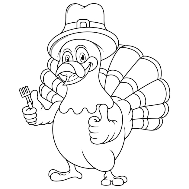 Vector thanksgiving turkey mascot holding fork and wearing a pilgrim hat line art